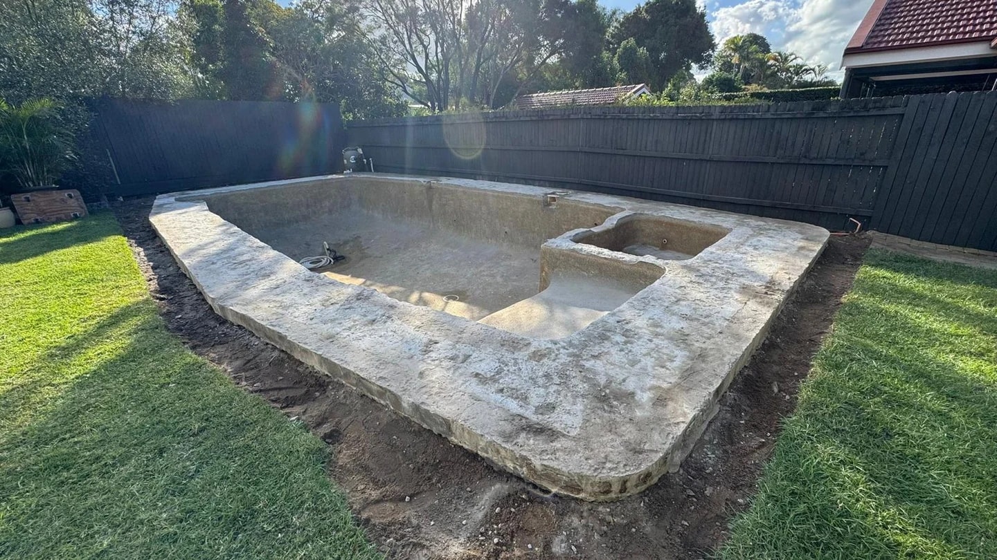 Residential pool and spa shell after the interior surface finish was removed